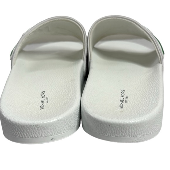 MICHAEL KORS NWT MEN’S WHITE GREEN LEATHER SLIDES SANDALS SIZE 12 - Picture 5 of 9